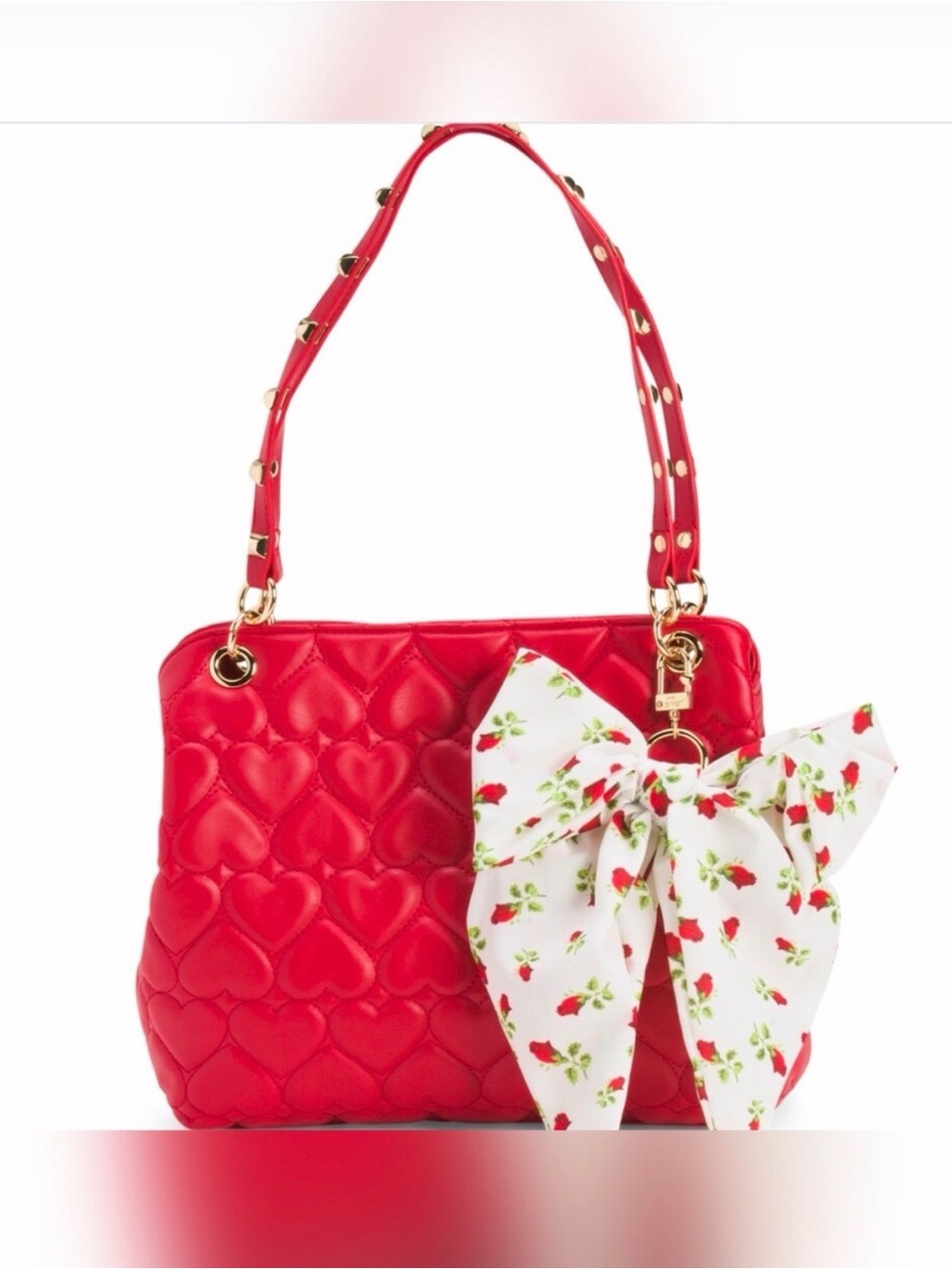 Betsey Johnson Red Quilted Heart Shoulder Bag with Floral Bow Charm